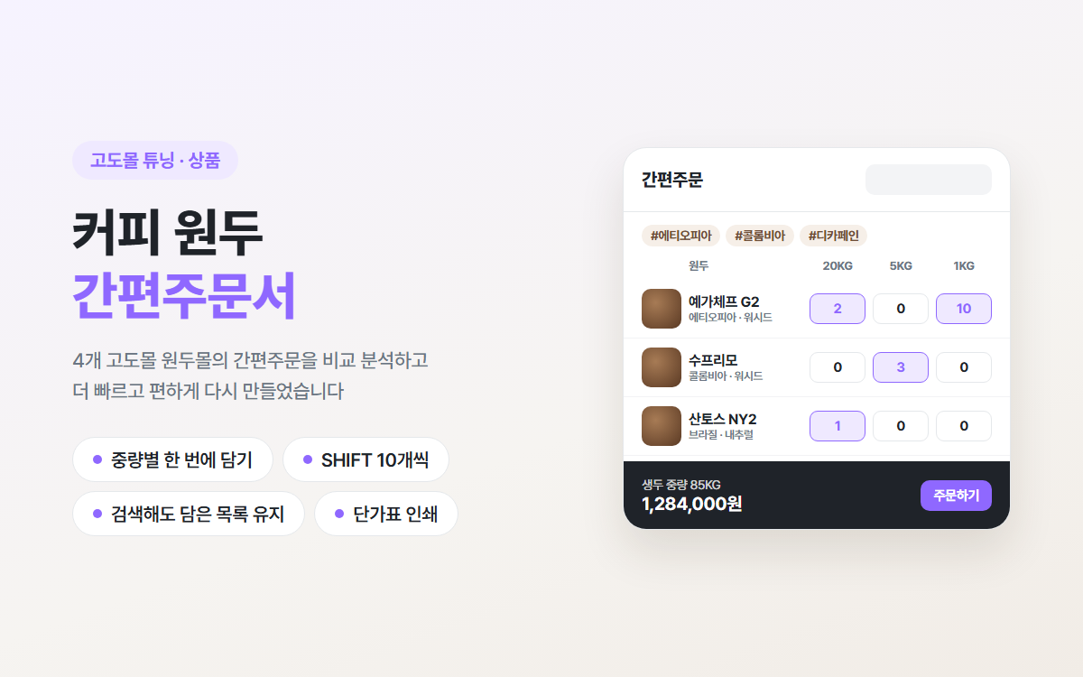 커피 원두 간편주문서 고도몰 튜닝